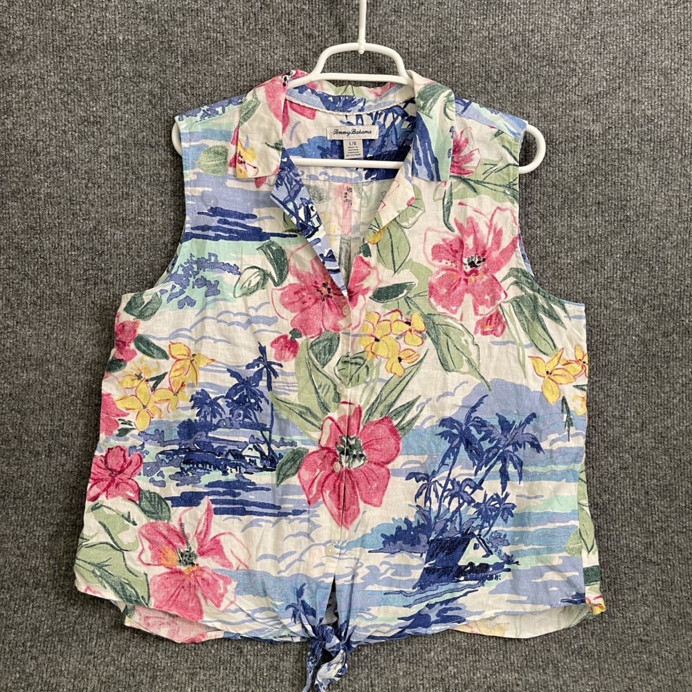 Tommy Bahama Linen Sleeveless Shirt Womens Large Tie Front Tropical Floral Blue